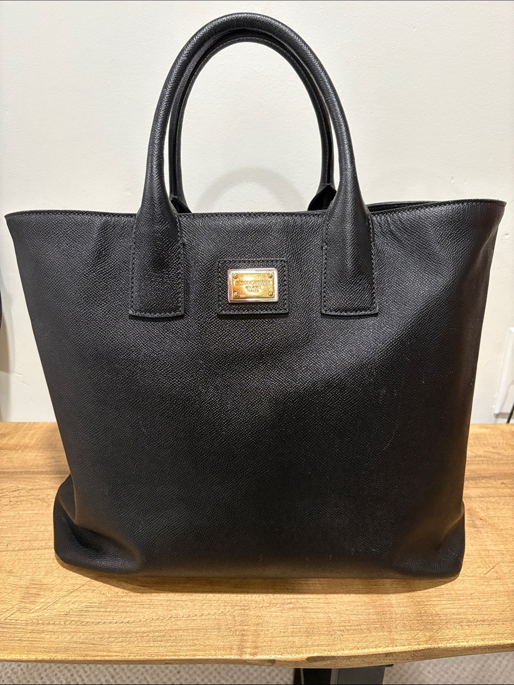 Dolce & Gabbana Black Leather Tote with Gold Plaque